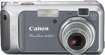 Câmera digital Canon PowerShot A450 - Frente - Cortesia Canon, editada pelo Câmera versus Câmera 