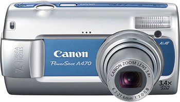 Câmera digital Canon PowerShot A470 - Azul, Frente - Cortesia Canon, editada pelo Câmera versus Câmera