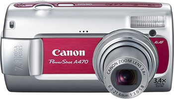 Câmera digital Canon PowerShot A470 - Vermelha, Frente - Cortesia Canon, editada pelo Câmera versus Câmera