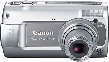 Câmera digital Canon PowerShot A470 -   Prata, Frente - Cortesia Canon, editada pelo Câmera versus Câmera