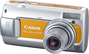 Câmera digital Canon PowerShot A470 - Amarela, Diagonal - Cortesia Canon, editada pelo Câmera versus Câmera