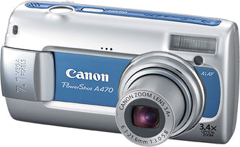Câmera digital Canon PowerShot A470 - Azul, Diagonal - Cortesia Canon, editada pelo Câmera versus Câmera