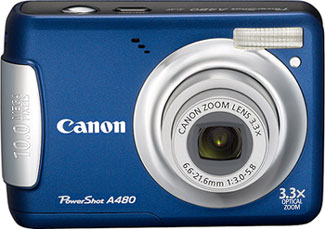 Câmera digital Canon PowerShot A480 - Azul, Frente - Cortesia da Canon, editada pelo Câmera versus Câmera