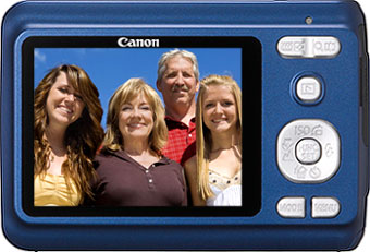Câmera digital Canon PowerShot A480 - Azul, Costas - Cortesia da Canon, editada pelo Câmera versus Câmera
