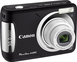 Câmera digital Canon PowerShot A480 - Preta, Diagonal- Cortesia da Canon, editada pelo Câmera versus Câmera