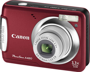 Câmera digital Canon PowerShot A480 - Vermelha, Diagonal - Cortesia da Canon, editada pelo Câmera versus Câmera