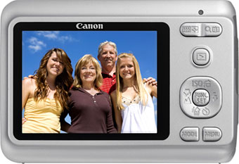 Câmera digital Canon PowerShot A480 - Prata, Costas - Cortesia da Canon, editada pelo Câmera versus Câmera