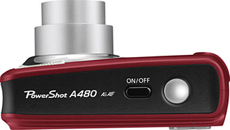 Câmera digital Canon PowerShot A480 - Vermelha, Topo - Cortesia da Canon, editada pelo Câmera versus Câmera