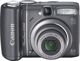 Câmera digital Canon PowerShot A590 IS - Frente - Cortesia Canon, editada pelo Câmera versus Câmera