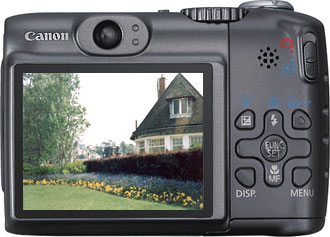 Câmera digital Canon PowerShot A590 IS - Costas - Cortesia Canon, editada pelo Câmera versus Câmera