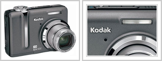 Foto 1: Kodak EasyShare Z1275 na diagonal. Foto 2: destaque para o flash embutido da câmera