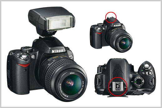 Nikon D60 com flash externo; ao lado, imagens destacam a sapata no topo desta câmera