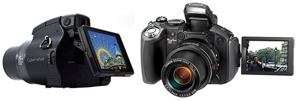 Sony H9 e Canon S5 IS exibem suas telas articuláveis