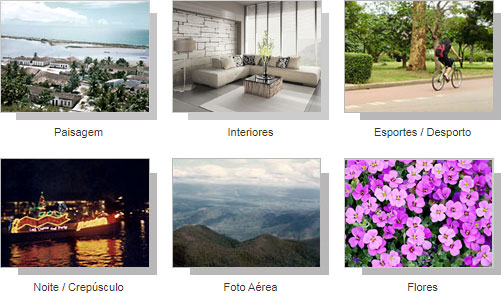 Seis fotos ilustrando os modos programados, como paisagem, ambiente interno e foto aérea