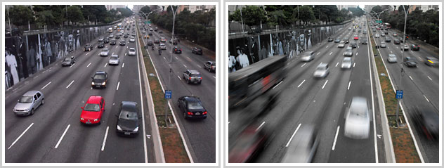 Duas fotos, avenida extensa de várias pistas e muitos carros, ângulo superior