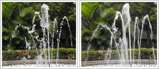 Duas fotos lado-a-lado de chafariz com jardim ao fundo