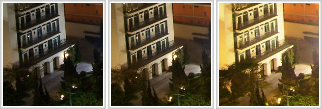 Três fotos noturnas com diferentes luminosidades, andares baixos de edifício e jardim