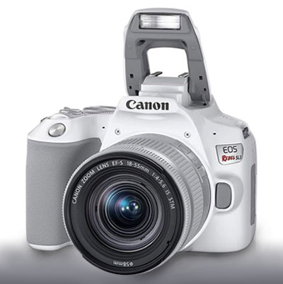 Câmera digital Canon EOS Rebel SL3 - Branca, diagonal, flash pop-up erguido
