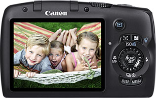 Câmera digital Canon PowerShot SX120 IS - Costas - Cortesia Canon, editada pelo Câmera versus Câmera