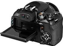 Máquina digital Fujifilm FinePix HS10 - Costas, tela articulada - Foto editada pelo Câmera versus Câmera