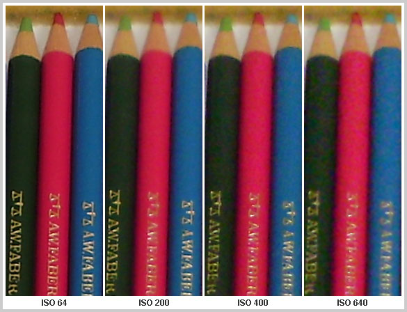 Lápis coloridos: teste do nível de ruído produzido pela Olympus X-845 com ISO 64 a 640
