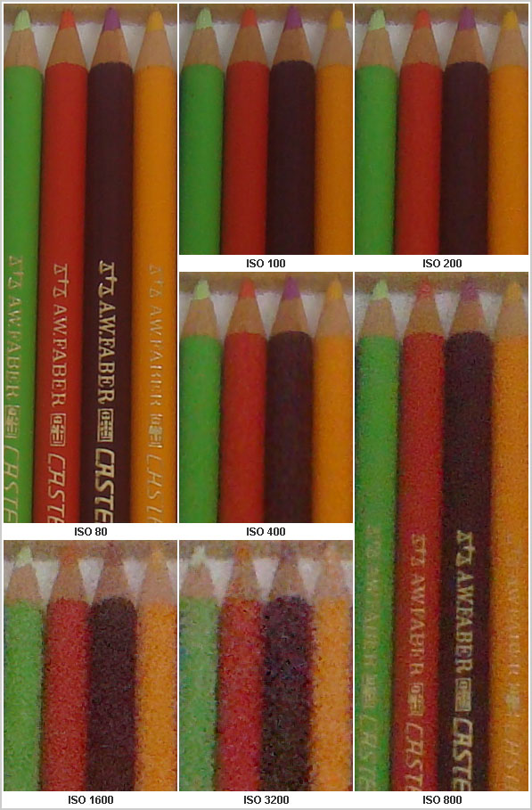 Lápis coloridos: teste do nível de ruído produzido pela Sony Cyber-shot H9 com ISO 80 a 3200