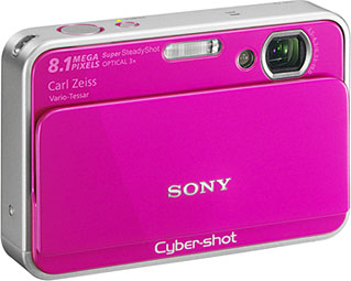 Câmera digital Sony Cyber-shot DSC-T2  - Cor Pink, Diagonal - Cortesia Sony, editada pelo Câmera versus Câmera