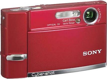 Câmera digital Sony Cyber-shot DSC-T50 - Vermelha, Frente Diagonal