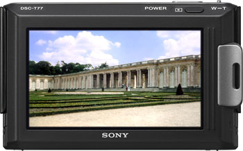Câmera digital Sony Cyber-shot DSC-T77  - Costas - Cortesia Sony, editada pelo Câmera versus Câmera