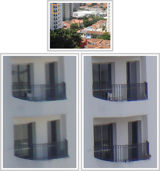 Paisagem urbana e 2 recortes de varanda localizada na borda esquerda, um bem mais nítido que o outro