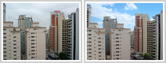 Duas fotos, mesma paisagem com prédios, discreta distorção tipo barril no da direita
