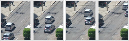 4 recortes de um mesmo enquadramento de rua, onde 2 carros em movimento ocupam diferentes posições